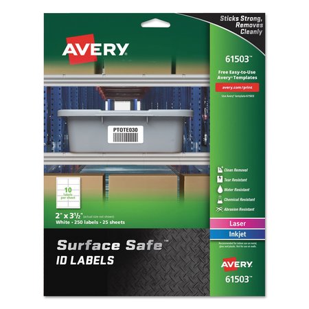 AVERY Surface Safe ID Labels, Inkjet/Laser, 2 x 3 1/2, White, PK250 61503